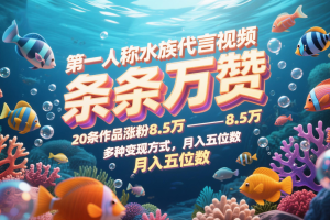 第一人称水族代言视频，条条万赞，20条作品涨粉8.5万，多种变现方式月，入五位数