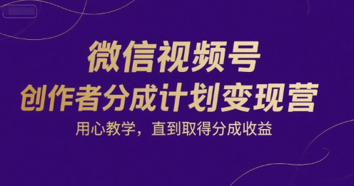 微信视频号创作者分成计划变现营，用心教学，直到取得分成收益