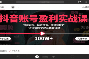 抖音账号盈利实战课，定位对标、标签打造、破播放技巧，讲涨粉变现与场景搭建