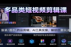 多品类短视频剪辑课：服装/酒水/药品剪辑，AI工具实操，解锁创意玩法