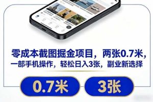 零成本截图掘金项目，两张0.7米，一部手机操作，轻松日入3张，副业新选择【揭秘】