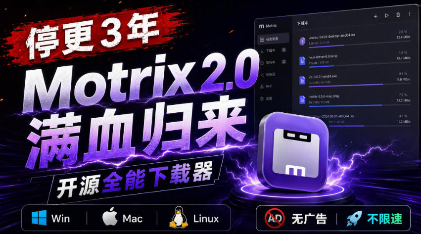 停更3年，Motrix 2.0满血归来：开源全能下载器，Win/Mac/Linux通吃，无广告不限速