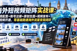 （20470期）海外短视频矩阵实战课：环境配置+账号注册+原创生图+视频发布+中视频开通，零基础跑通海外流量变现闭环