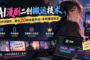 (20551期)AI漫剧二创搬运技术,纯手法操作,融合20种去重手法++手机搬运玩法