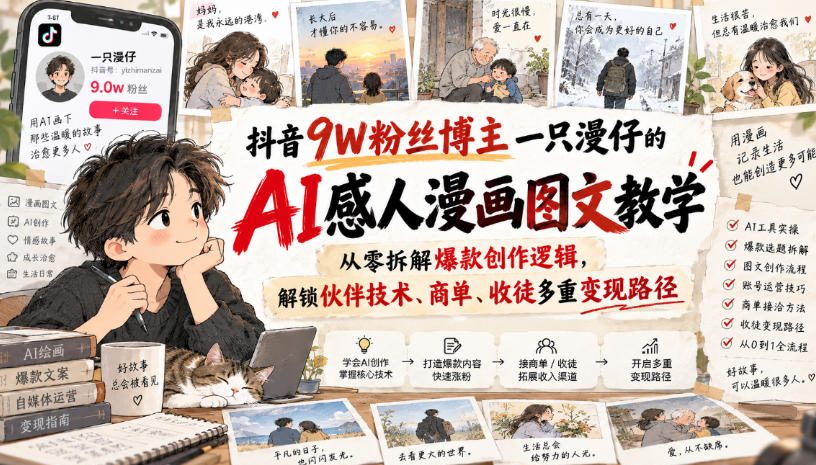 抖音9W粉丝博主一只漫仔的AI感人漫画图文教学，从零拆解爆款创作逻辑，解锁伙伴技术、商单、收徒多重变现路径