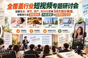 短视频专题研讨会,深耕美业、餐饮、房产、知识付费等34大细分赛道,拆解各行业流量规则、内容逻辑与变现核心玩法