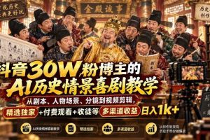 抖音30W粉博主的AI历史情景喜剧教学,从剧本、人物场景、分镜到视频剪辑,精选独家+付费观看+收徒等多渠道收益日入1k+