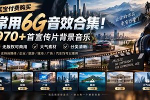 (20603期)某宝付费购买,常用6G音效合集!970+首宣传片背景音乐,无版权可商用大气素材,分类清晰