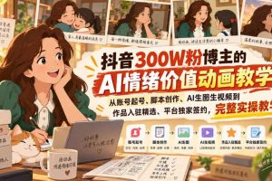 抖音300W粉博主的AI情绪价值动画教学,从账号起号、脚本创作、AI生图生视频到作品入驻精选、平台独家签约,完整实操