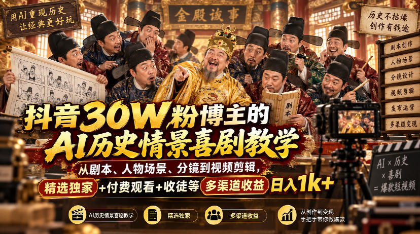 抖音30W粉博主的AI历史情景喜剧教学,从剧本、人物场景、分镜到视频剪辑,精选独家+付费观看+收徒等多渠道收益日入1k+