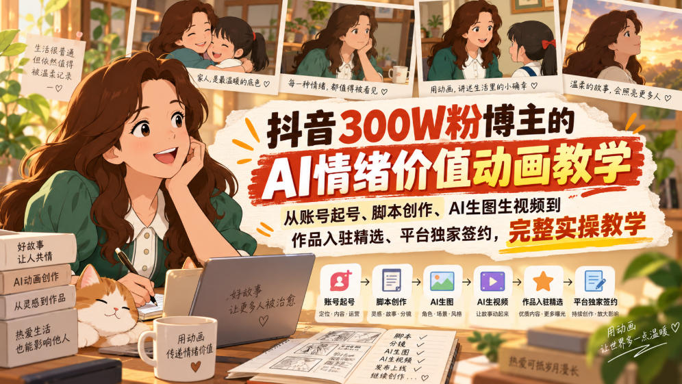 抖音300W粉博主的AI情绪价值动画教学,从账号起号、脚本创作、AI生图生视频到作品入驻精选、平台独家签约,完整实操