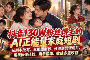 抖音130W粉丝博主的AI正能量家庭短剧，从剧本改写、三视图制作、分镜到剪辑成片，解锁伙伴计划、商单接单、收徒多重收益
