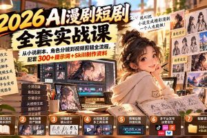 (20629期)2026AI漫剧短剧全套实战课:从小说剧本、角色分镜到视频剪辑全流程,配套300+提示词+Skill制作资料