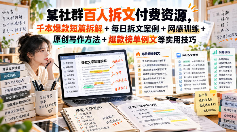 某社群百人拆文付费资源,千本爆款短篇拆解+每日拆文案例+网感训练+原创写作方法+爆款榜单例文等实用技巧(持续更新)
