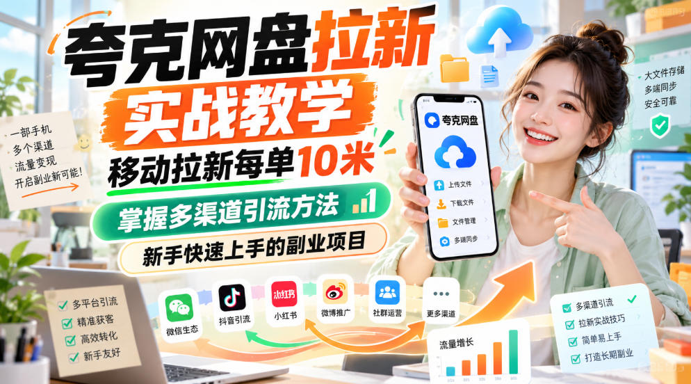 夸克网盘拉新实战教学,移动拉新每单10米,掌握多渠道引流方法,新手快速上手的副业项目