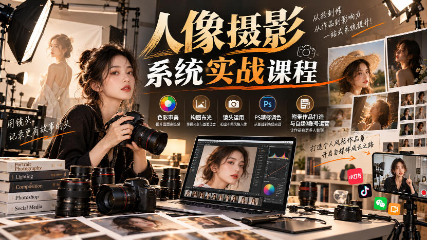 【无水印】人像摄影系统实战课程,色彩审美、构图布光、镜头运用、PS精修调色,附带作品打造与自媒体账号运营