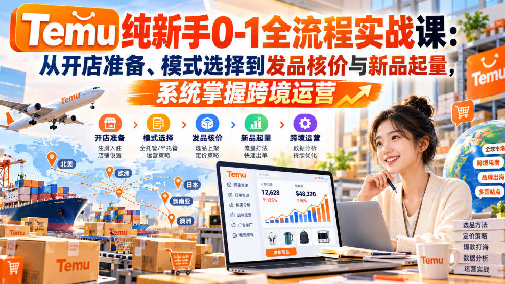 【无水印】Temu纯新手0-1全流程实战课：从开店准备、模式选择到发品核价与新品起量，系统掌握跨境运营