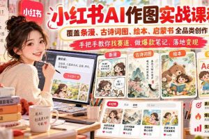 小红书AI作图实战课程,覆盖条漫、古诗词图、绘本、启蒙书全品类创作,手把手教你找赛道、做爆款笔记、落地变现