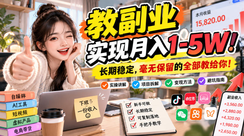 “教副业”实现月入1-5W！长期稳定，毫无保留的全部教给你！【揭秘】