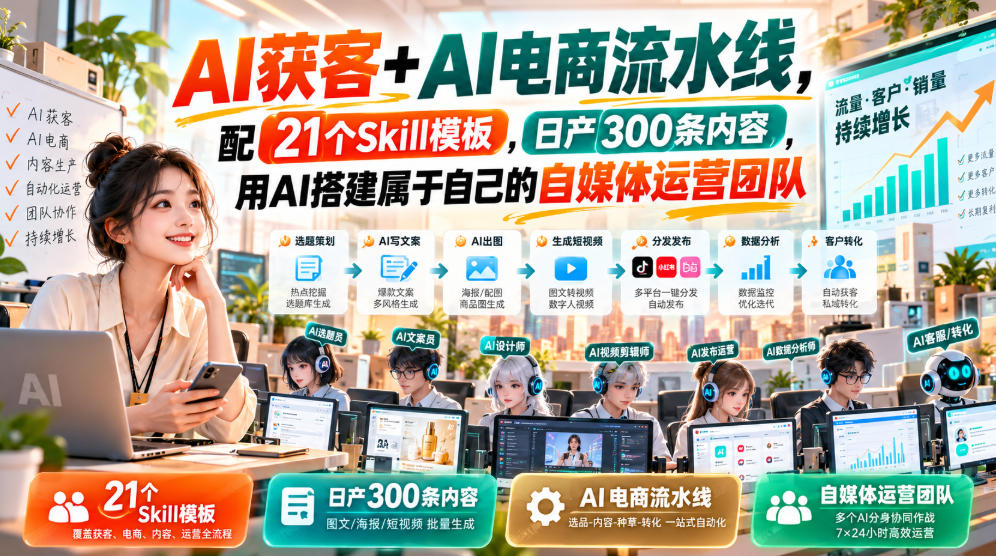 AI获客+AI电商流水线，配21个Skill模板，日产300条内容，用AI搭建属于自己的自媒体运营团队