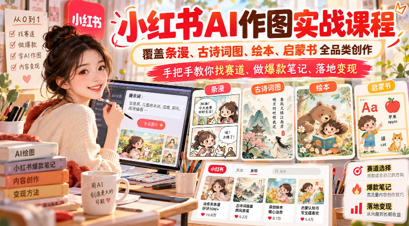 小红书AI作图实战课程，覆盖条漫、古诗词图、绘本、启蒙书全品类创作，手把手教你找赛道、做爆款笔记、落地变现