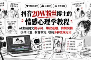 抖音20W粉丝博主的情感心理学教程,AI生成图文提示词、爆款选题、剪辑实操,伙伴计划、橱窗带货、收徒多种变现方式
