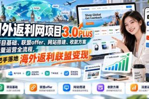 国外返利网项目3.0PLUS，从项目基础、联盟offer、网站搭建、收款方案到流量运营全流程，手把手落地海外返利联盟变现