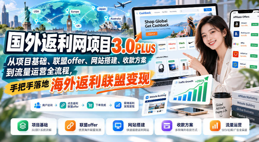 国外返利网项目3.0PLUS,从项目基础、联盟offer、网站搭建、收款方案到流量运营全流程,手把手落地海外返利联盟变现