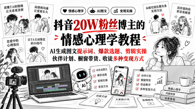 抖音20W粉丝博主的情感心理学教程,AI生成图文提示词、爆款选题、剪辑实操,伙伴计划、橱窗带货、收徒多种变现方式