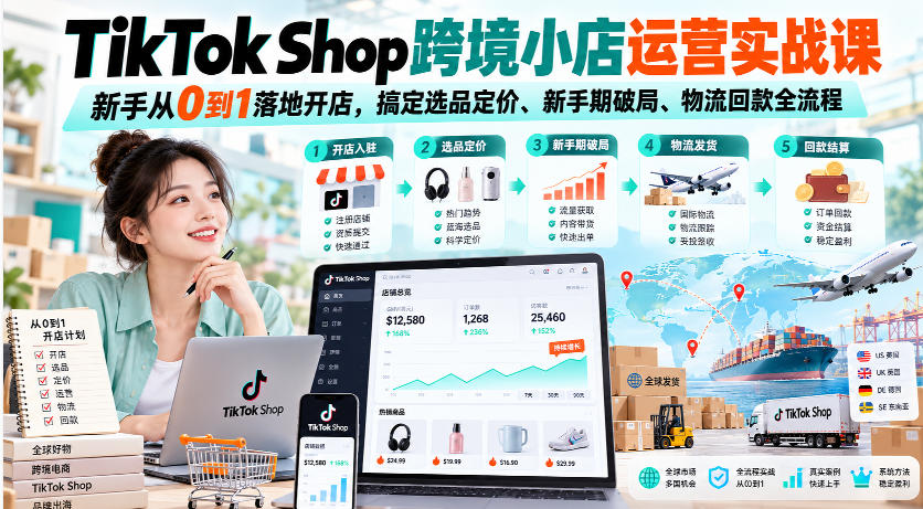 TikTok Shop跨境小店运营实战课,新手从0到1落地开店,搞定选品定价、新手期破局、物流回款全流程