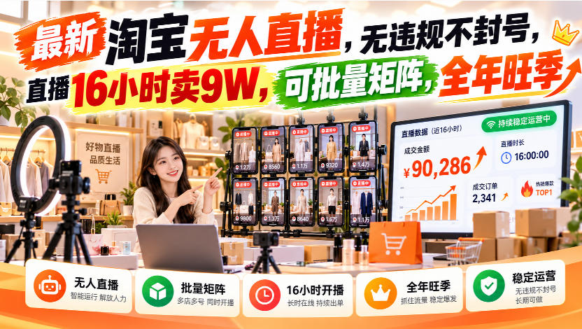 最新淘宝无人直播，无违规不封号，直播16小时卖9W，可批量矩阵，全年旺季【揭秘】