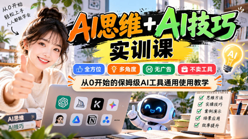 AI思维+AI技巧实训课,全方位、多角度、无广告、不卖工具,从0开始的保姆级AI工具通用使用教学