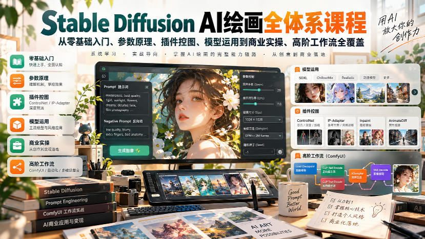 【无水印】Stable Diffusion AI绘画全体系课程,从零基础入门、参数原理、插件控图、模型运用到商业实操、高阶工作流全覆盖