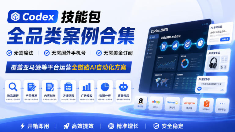 Codex技能包全品类案例合集，无需魔法、无需国外手机号、无需美金订阅，覆盖亚马逊等平台运营全链路AI自动化方案
