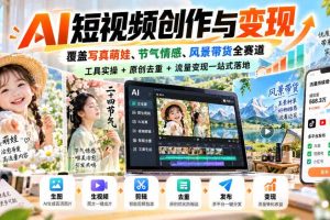 AI短视频创作与变现,覆盖写真萌娃、节气情感、风景带货全赛道,工具实操+原创去重+流量变现一站式落地