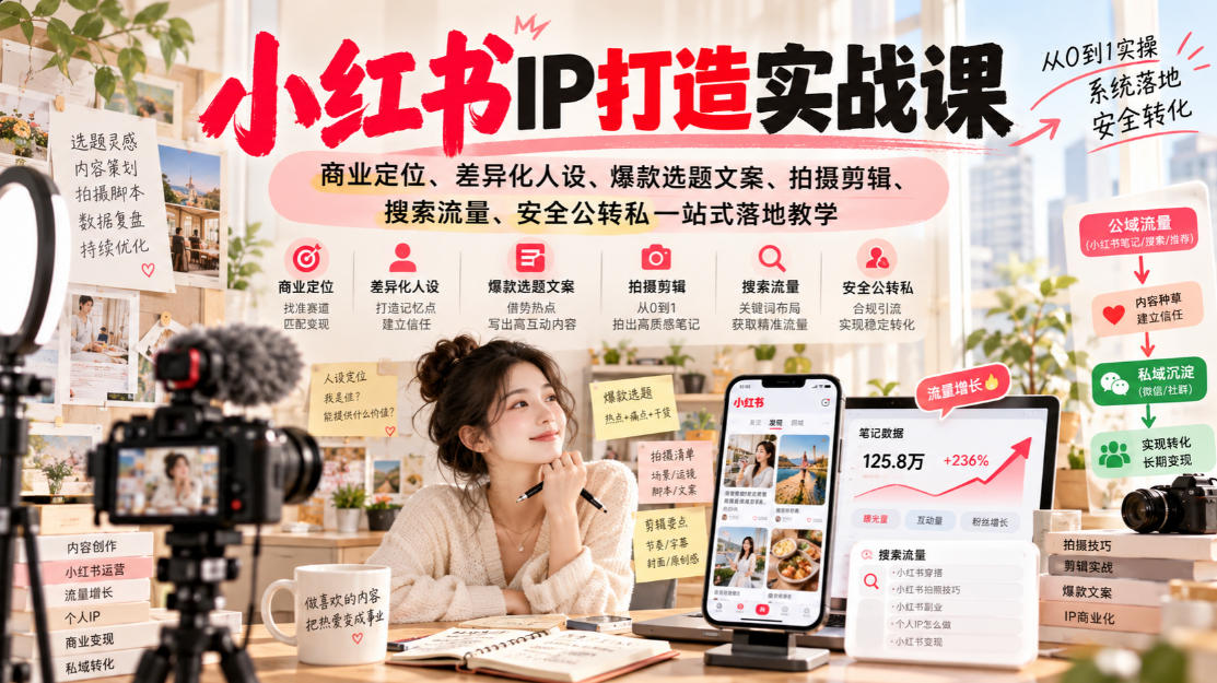 小红书ip打造实战课,商业定位、差异化人设、爆款选题文案、拍摄剪辑、搜索流量、安全公转私一站式落地教学