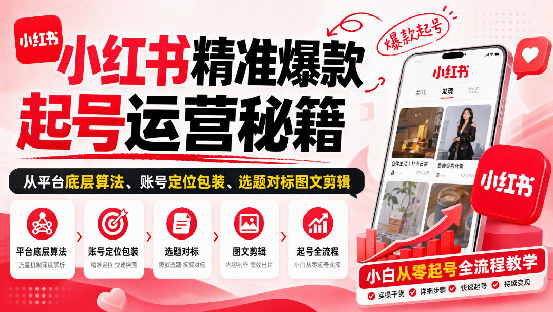 小红书精准爆款起号运营秘籍,从平台底层算法、账号定位包装、选题对标图文剪辑,小白从零起号全流程