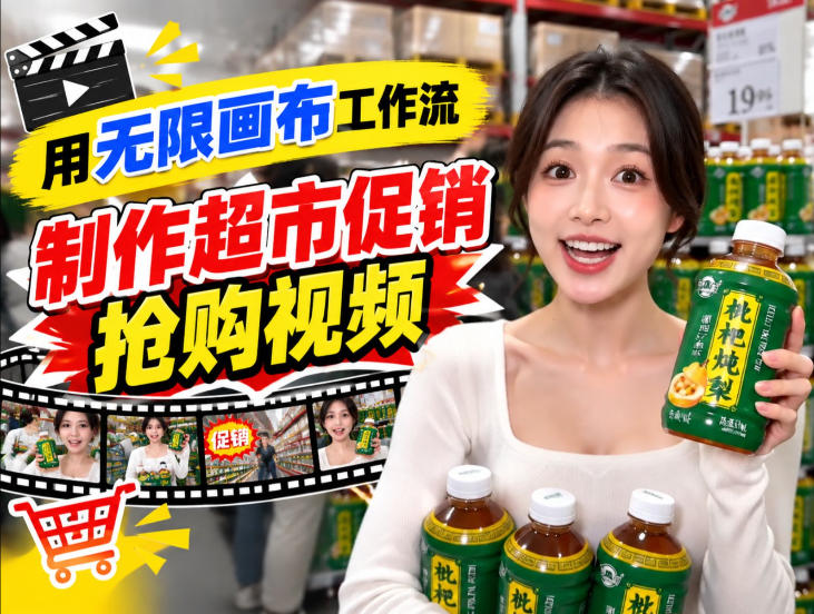 无限画布超市促销抢购视频工作流,一键产出TikTok抖音带货短视频