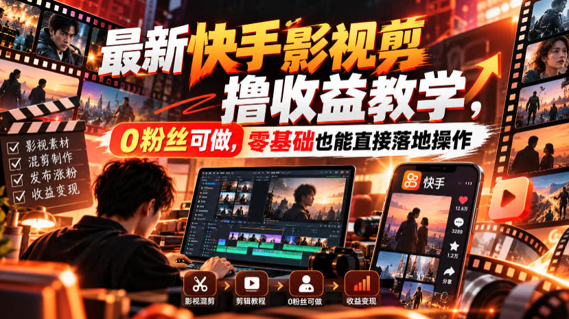 最新快手影视混剪撸收益教学，0粉丝可做，零基础也能直接落地操作