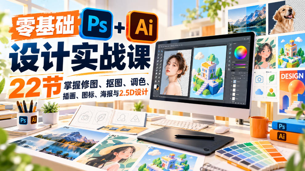 【无水印】零基础PS+AI设计实战课｜22节掌握修图、抠图、调色、插画、图标、海报与2.5D设计