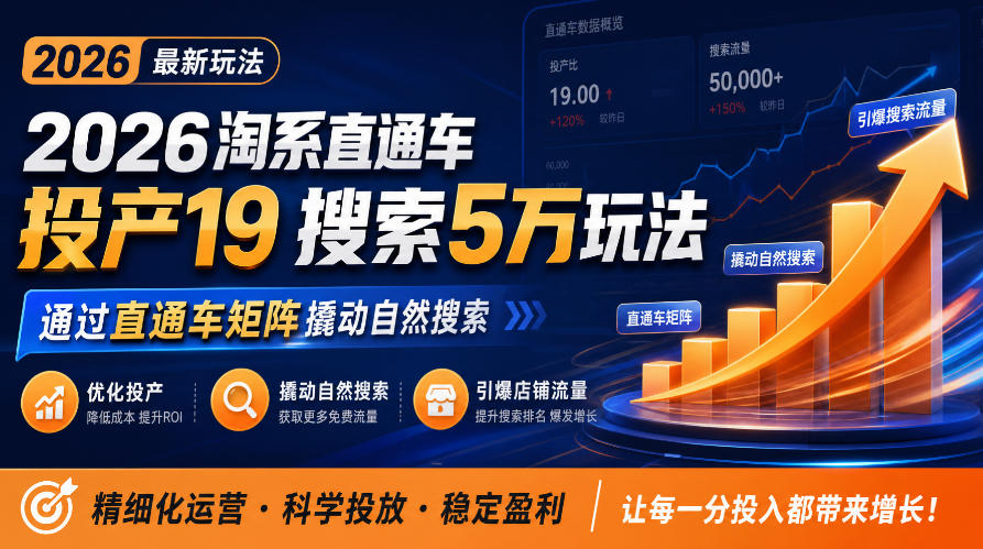 2026淘系直通车投产19搜索5万玩法,通过直通车矩阵撬动自然搜索,帮助商家优化投产,引爆店铺搜索流量