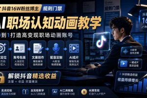 抖音16W粉丝博主规则门禁的AI职场认知动画教学,从赛道定位、账号包装,到文案创作、配音定制、AI成片,解锁抖音精选收益