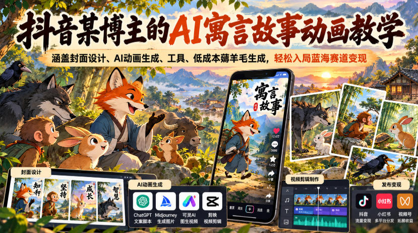抖音某博主的AI寓言故事动画教学，涵盖封面设计、AI动画生成、工具、低成本薅羊毛生成，轻松入局蓝海赛道变现