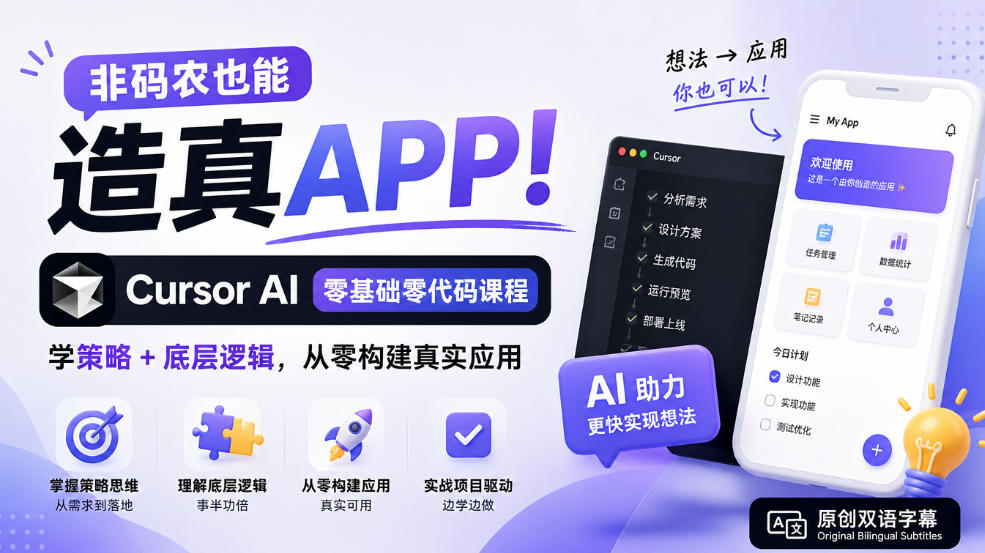 非码农也能造真APP！Cursor AI零基础零代码课程：学策略+底层逻辑，从零构建真实应用【原创双语字幕】