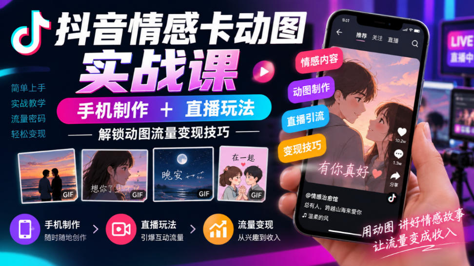 抖音情感卡动图实战课|手机制作+直播玩法,解锁动图流量变现技巧