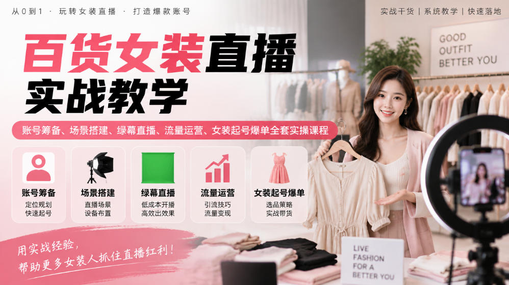 百货女装直播实战教学｜账号筹备、场景搭建、绿幕直播、流量运营、女装起号爆单全套实操课程