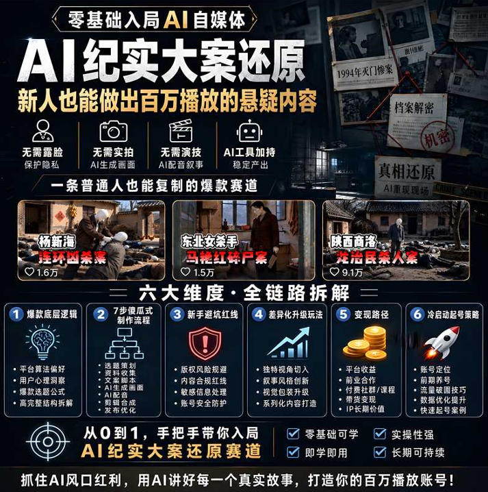 抖音8W粉丝博主的AI纪实大案还原教学,新人也能做出百W播放的悬疑内容,抓住AI风口红利,用AI讲好每一个真实故事