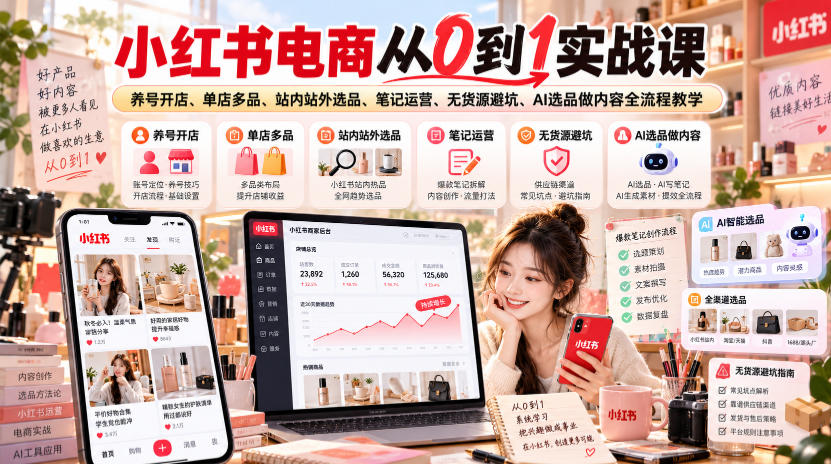 小红书电商从0到1实战课｜养号开店、单店多品、站内站外选品、笔记运营、无货源避坑、AI选品做内容全流程教学