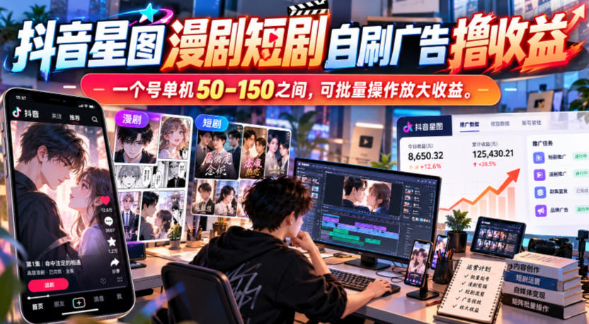 抖音星图漫剧短剧自刷广告撸收益，一个号单机50-150之间，可批量操作放大收益