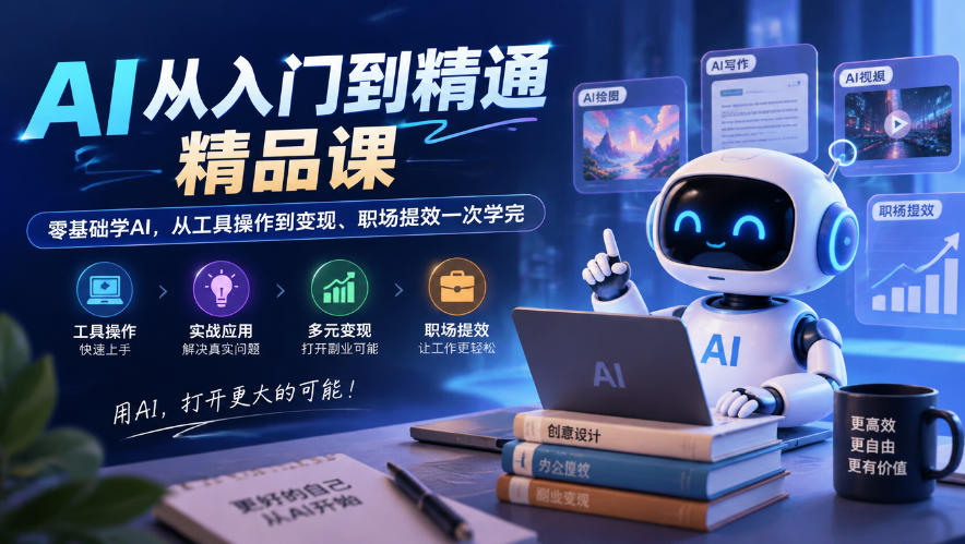 AI从入门到精通精品课，零基础学AI，从工具操作到变现、职场提效一次学完